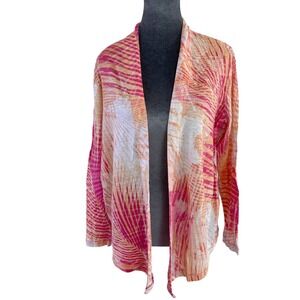 Chicos Linen Resortwear Open Cardigan Pink Orange Tropical Palm Print Size 2 L